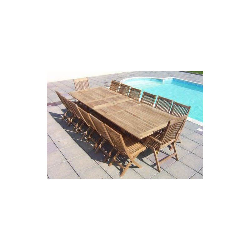 1.2m x 2.4m-3.2m Teak Rectangular Double Extending Table with 12 Kiffa Folding Chairs & 2 Harrogate Recliners